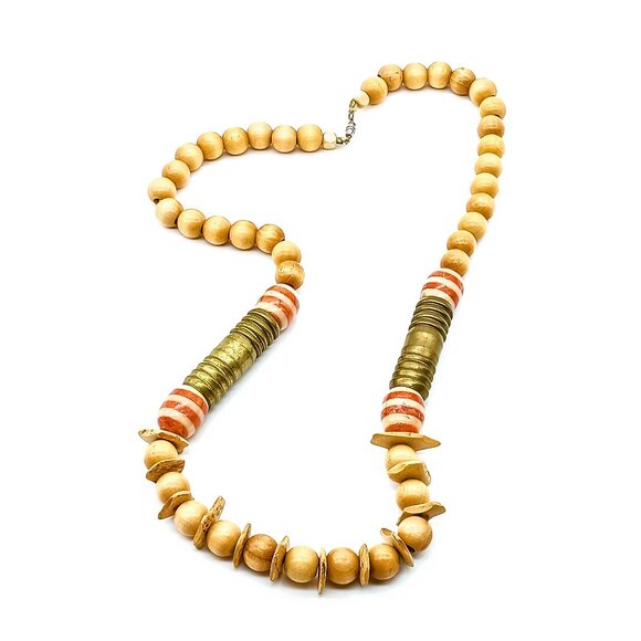 OOAK Vintage Boho Necklace, Large Wooden Beads and Brass Tubes on Silk Cord, Uni - Picture 3 of 4